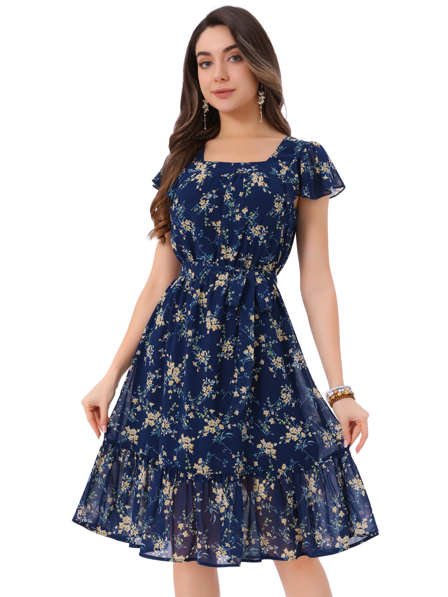 DARING DIVA Square Neck Flutter Sleeve A-Line Midi Dress XS Blue