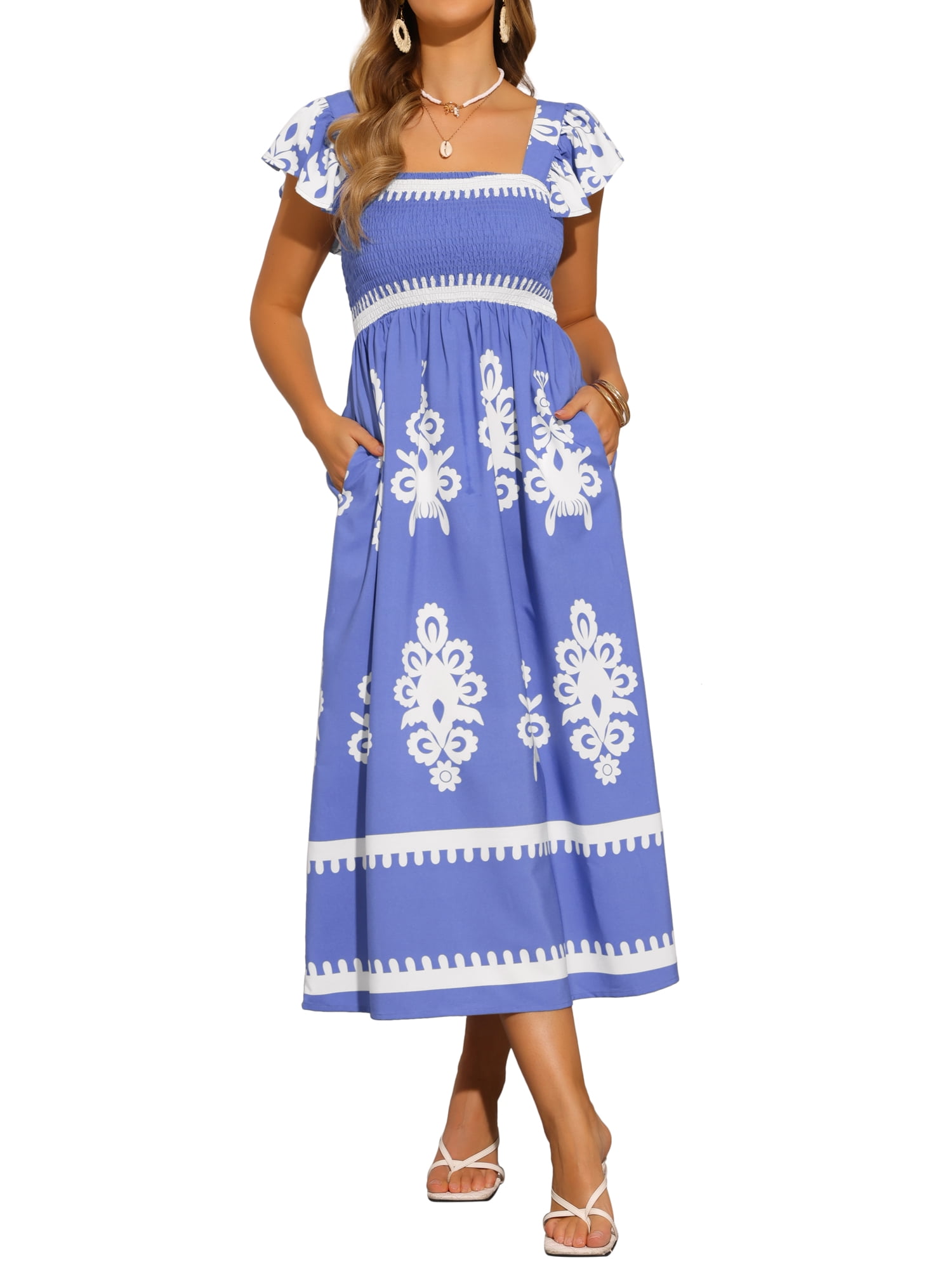 DARING DIVA Square Neck Flutter Sleeve Smocked Flowy Maxi Boho Dress M Blue