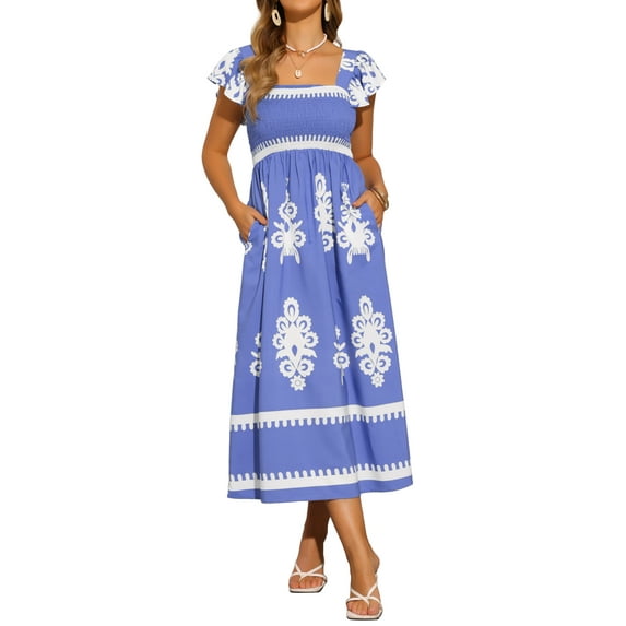 DARING DIVA Square Neck Flutter Sleeve Smocked Flowy Maxi Boho Dress M Blue