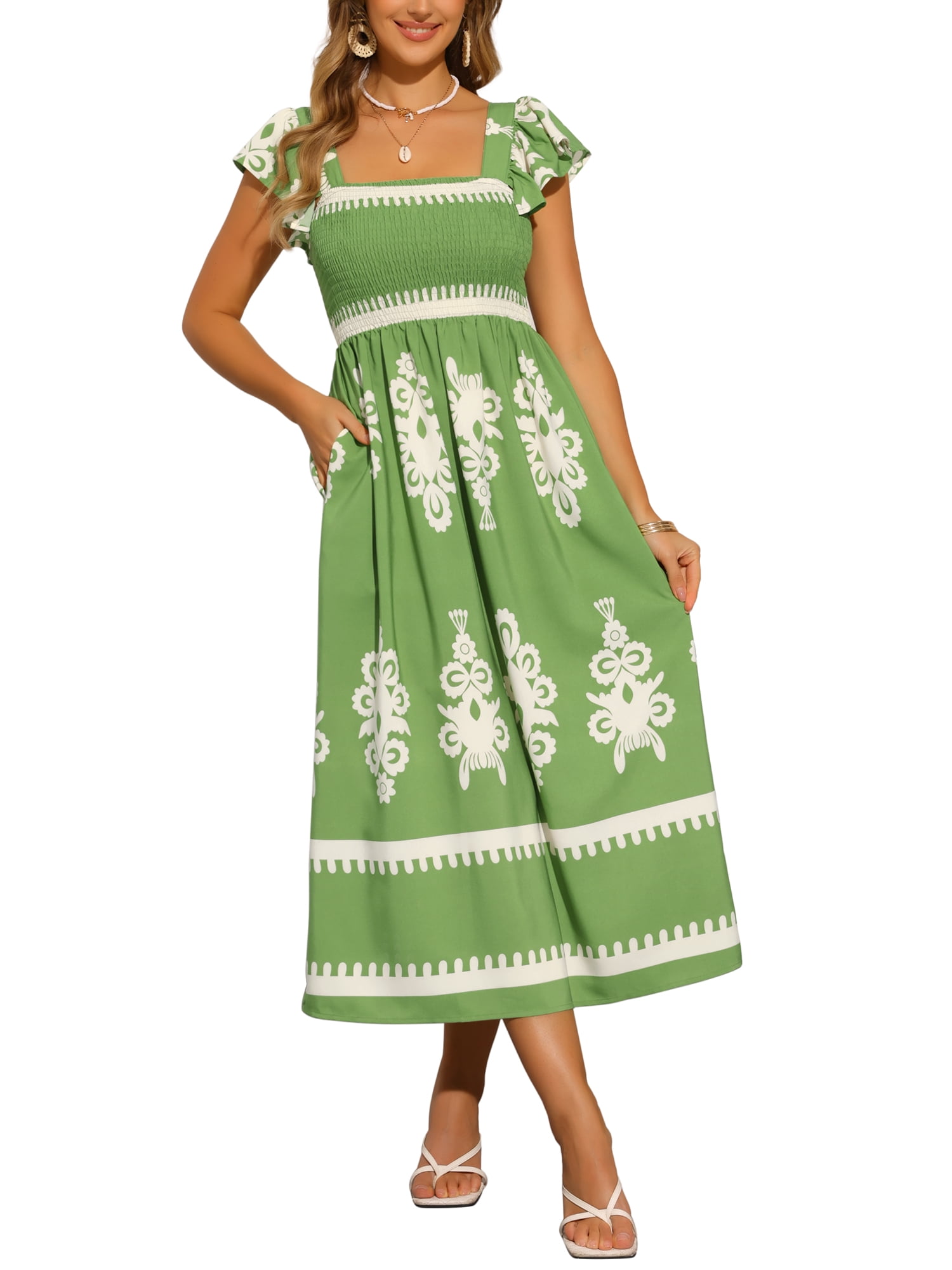 DARING DIVA Square Neck Flutter Sleeve Smocked Flowy Maxi Boho Dress M Green