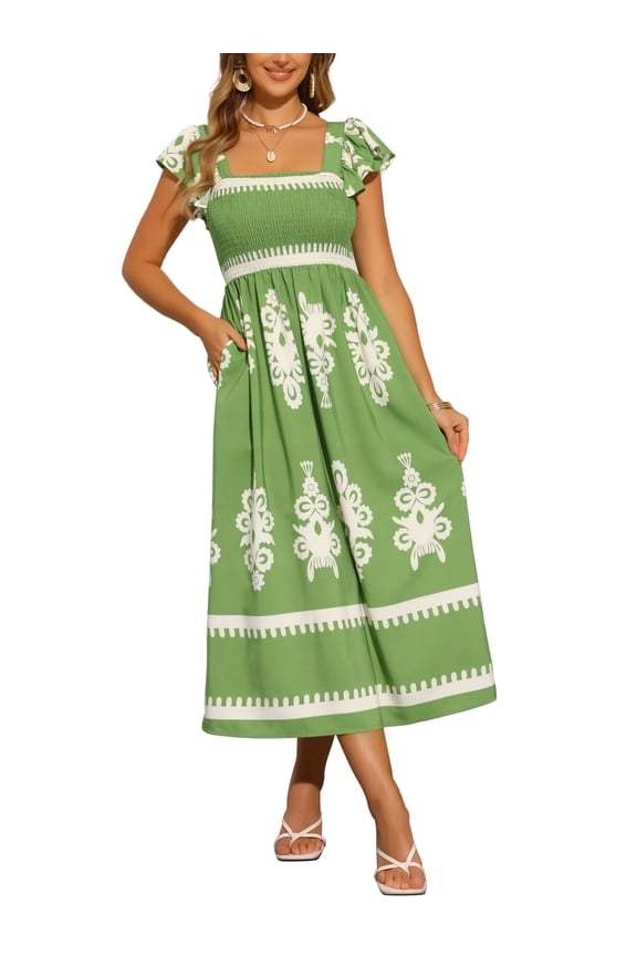 Square Neck Flutter Sleeve Smocked Flowy Maxi Boho Dress XS Green