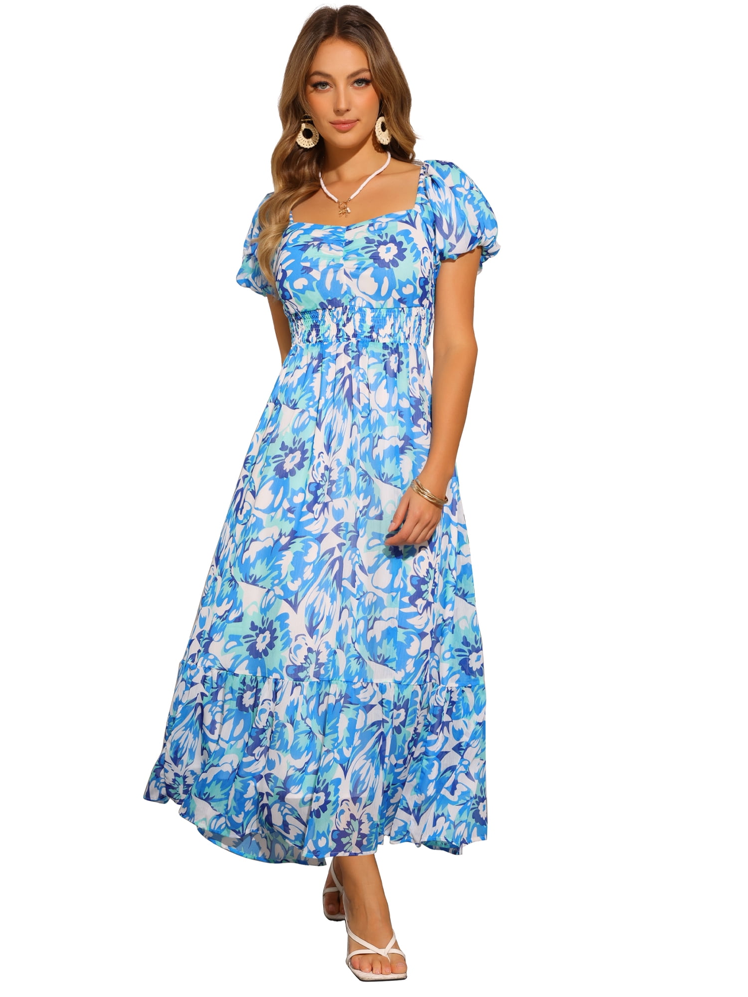 DARING DIVA Square Neck High Waist Smocked Back Flowy Tiered Maxi Dress XS Blue