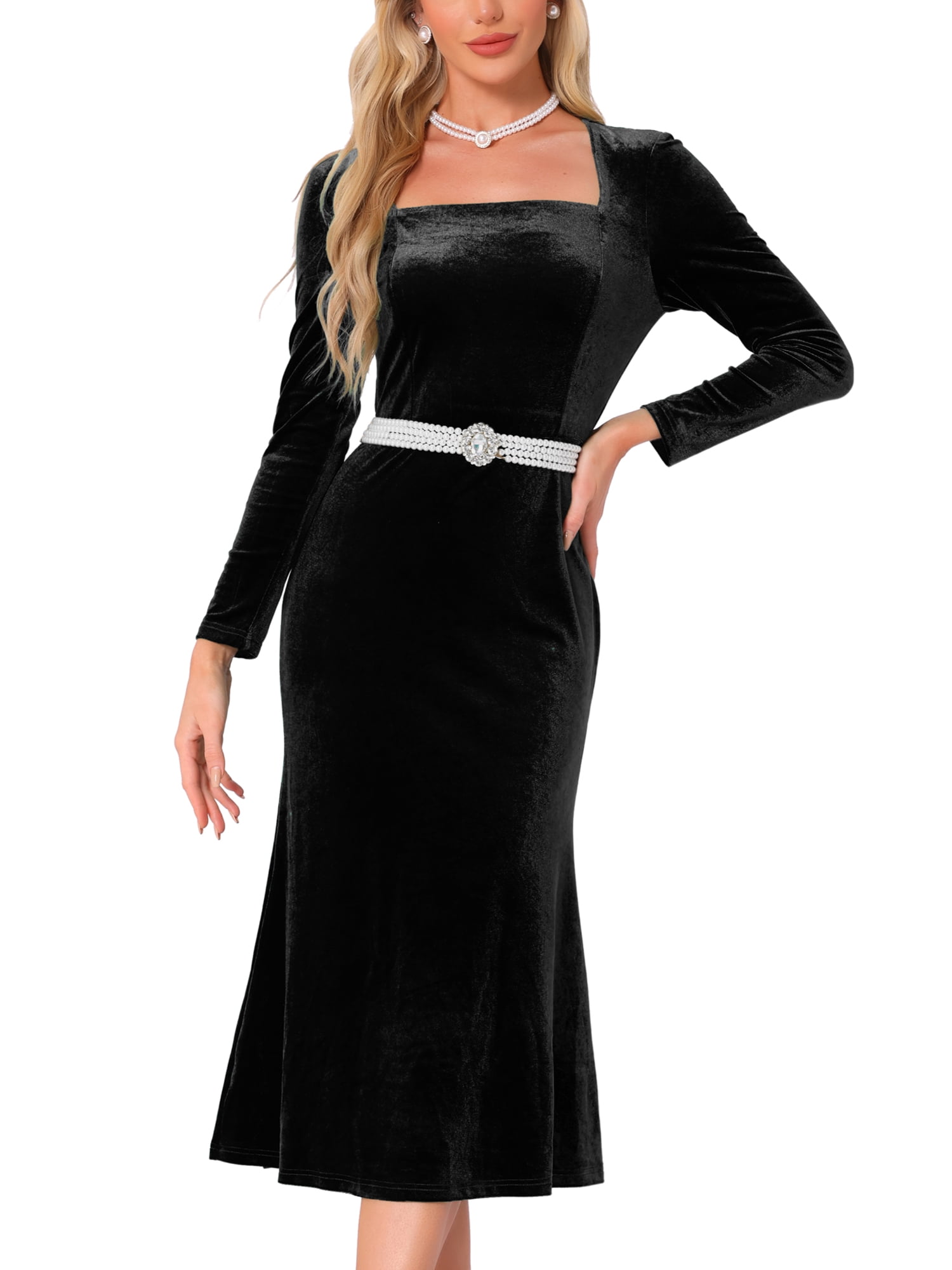 Square Collar Velvet Furry Sleeve Backless Party Midi Dresses main image 0