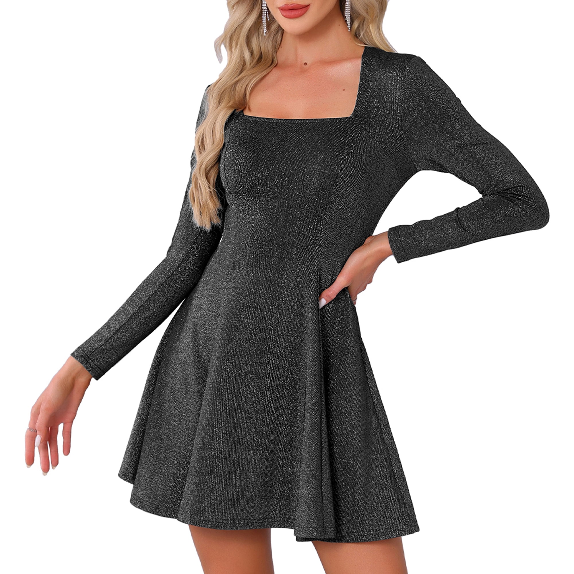 DARING DIVA Square Neck Long Sleeve Mini A-Line Dress M Black
