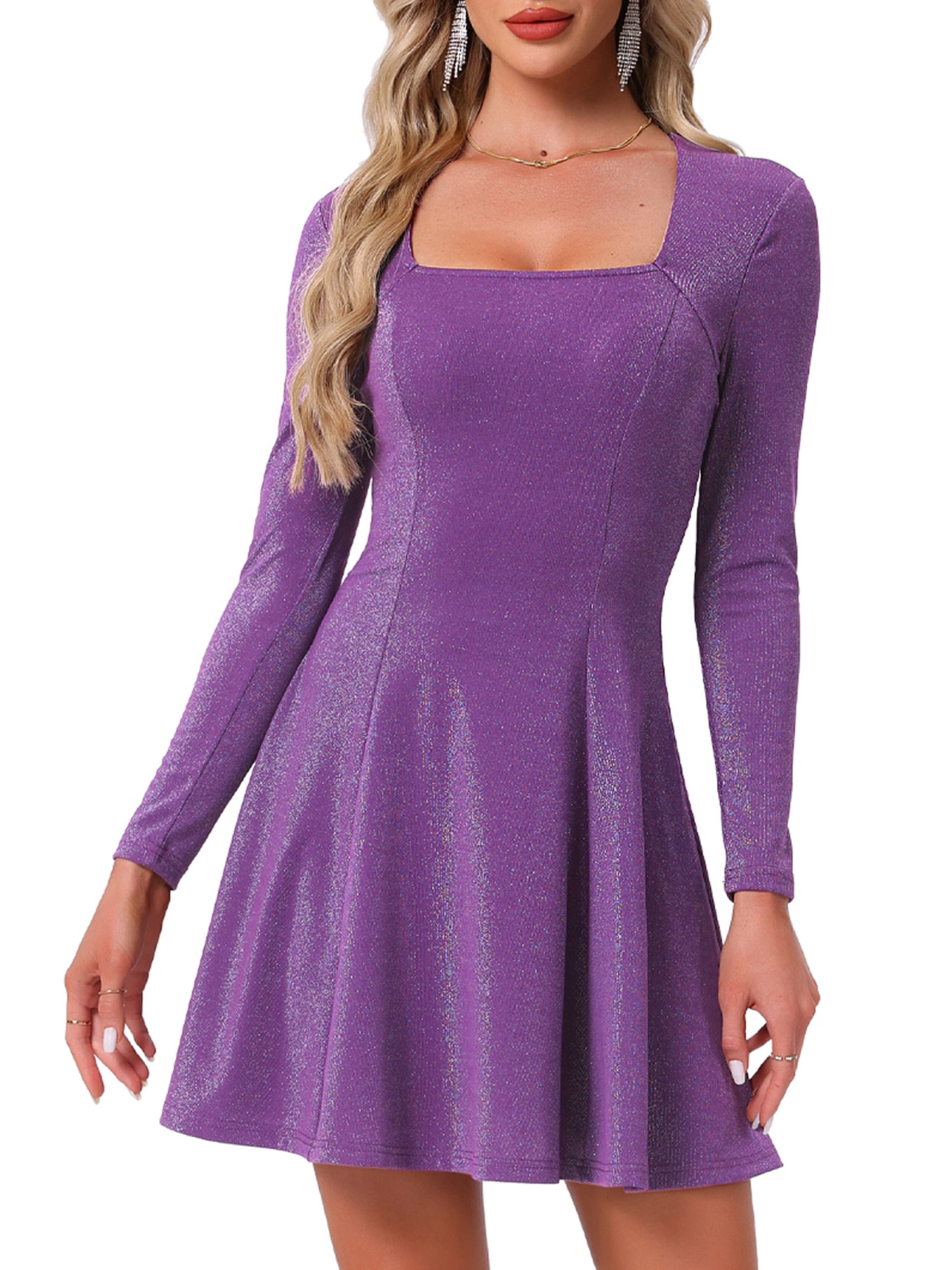 DARING DIVA Square Neck Long Sleeve Mini A-Line Dress S Purple