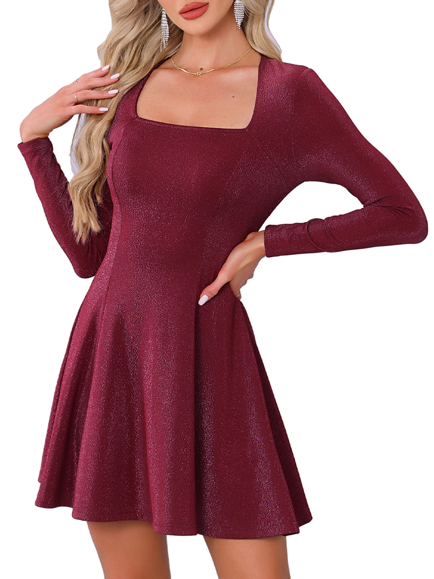 DARING DIVA Square Neck Long Sleeve Mini A-Line Dress XL Red