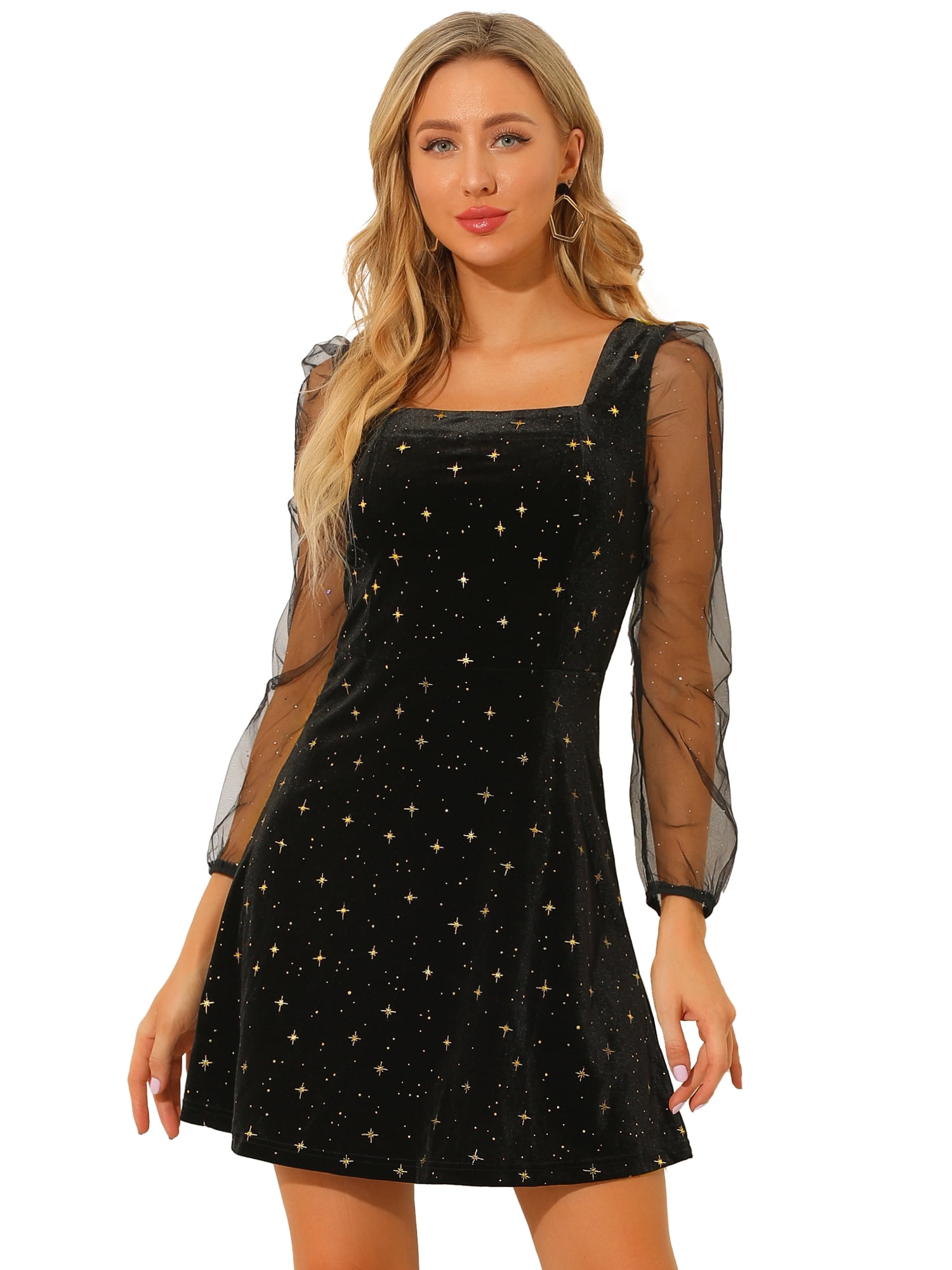 DARING DIVA Square Neck Mesh Sheer Sleeve Glitter Star Velvet Mini Dress 2XL Black