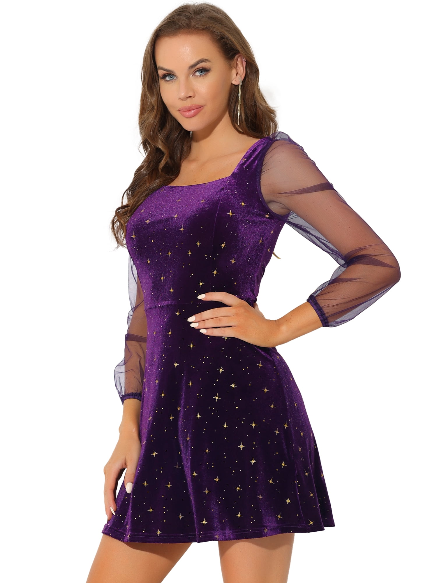 DARING DIVA Square Neck Mesh Sheer Sleeve Glitter Star Velvet Mini Dress 3XL Purple