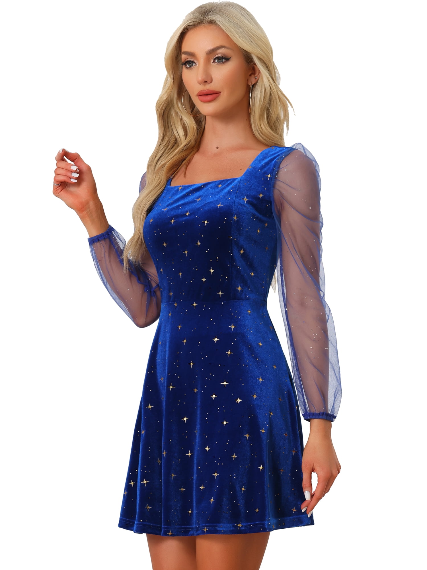 DARING DIVA Square Neck Mesh Sheer Sleeve Glitter Star Velvet Mini Dress L Royal Blue