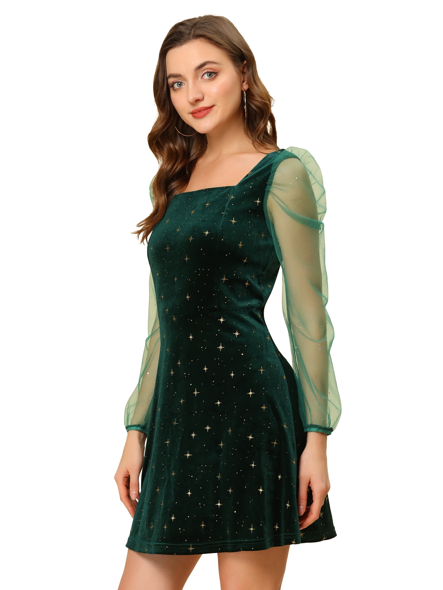 DARING DIVA Square Neck Mesh Sheer Sleeve Glitter Star Velvet Mini Dress M Green