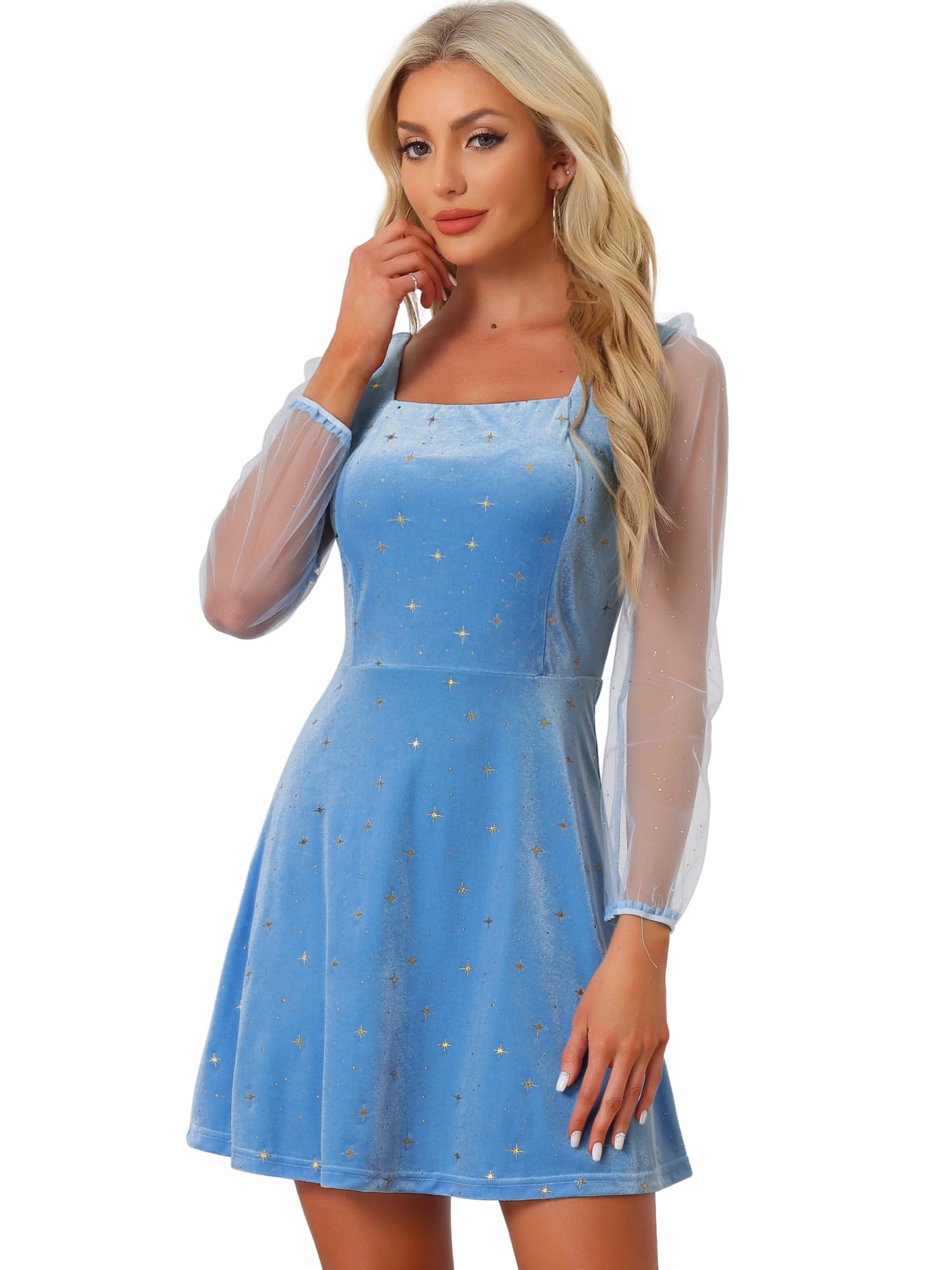 DARING DIVA Square Neck Mesh Sheer Sleeve Glitter Star Velvet Mini Dress M Sky Blue