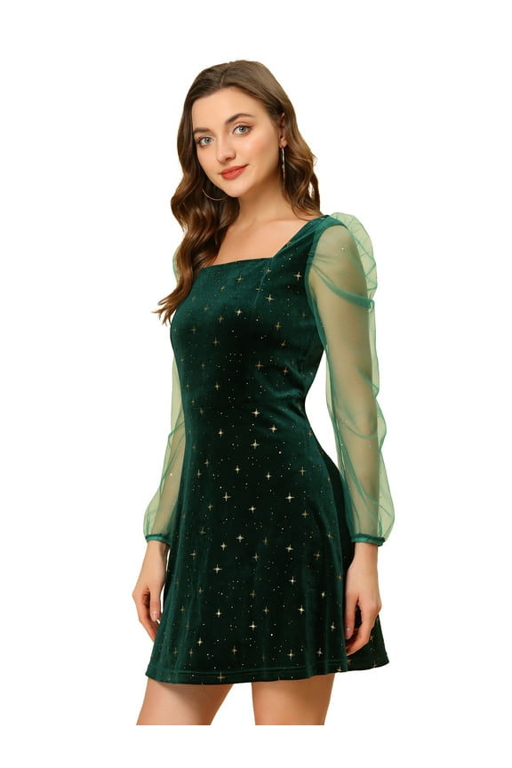 Square Neck Mesh Sheer Sleeve Glitter Star Velvet Mini Dress S Green