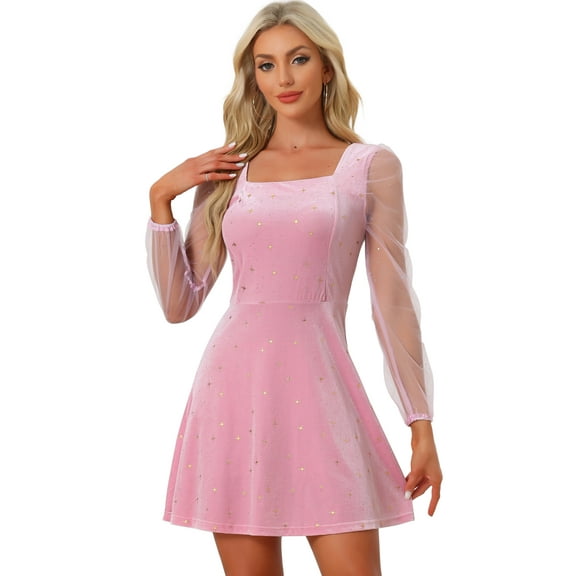 DARING DIVA Square Neck Mesh Sheer Sleeve Glitter Star Velvet Mini Dress S Pink