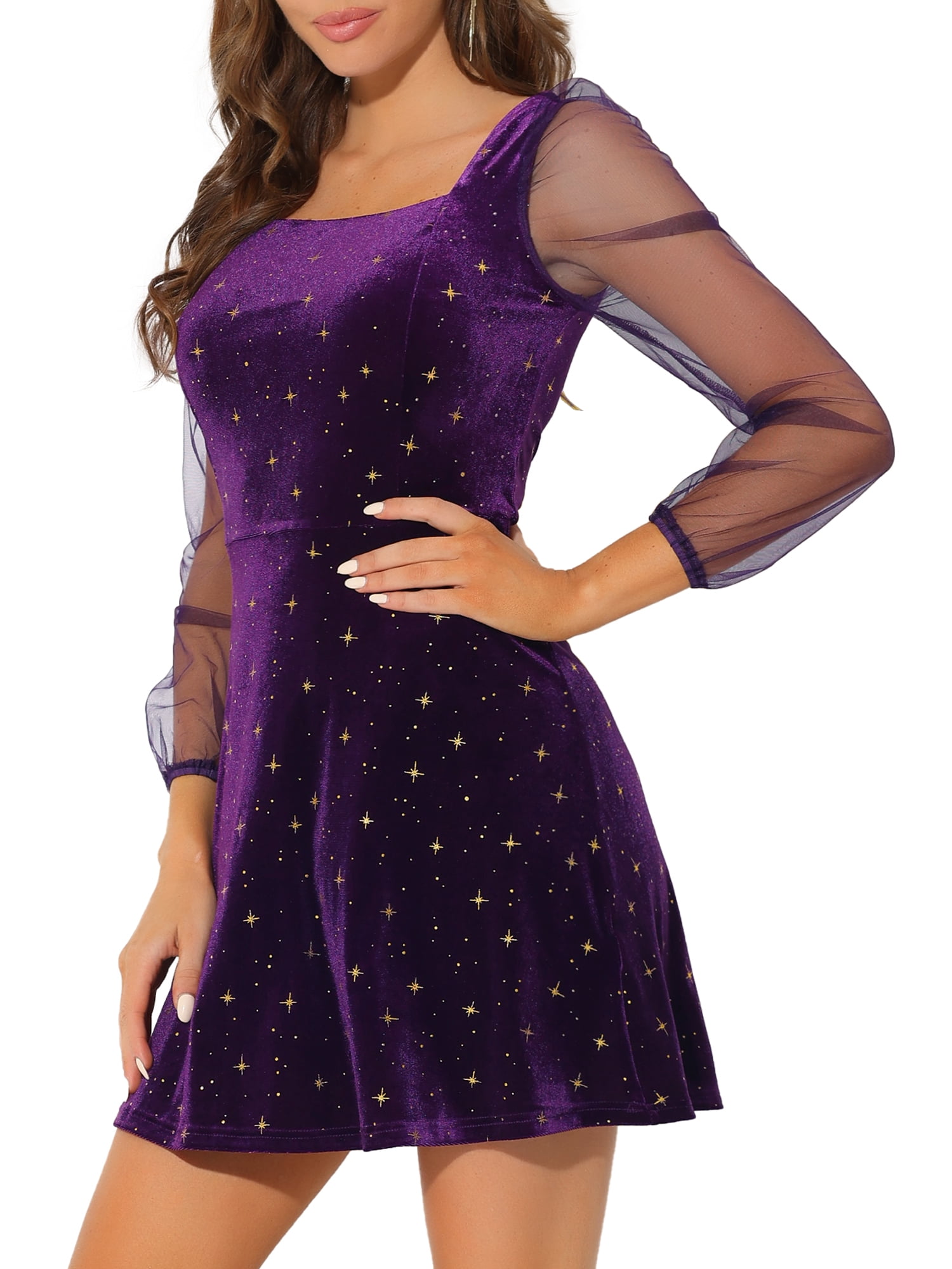 DARING DIVA Square Neck Mesh Sheer Sleeve Glitter Star Velvet Mini Dress XL Purple