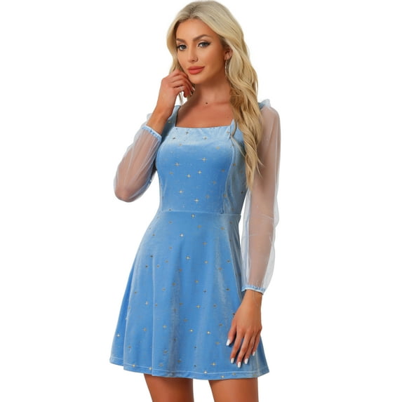 DARING DIVA Square Neck Mesh Sheer Sleeve Glitter Star Velvet Mini Dress XL Sky Blue