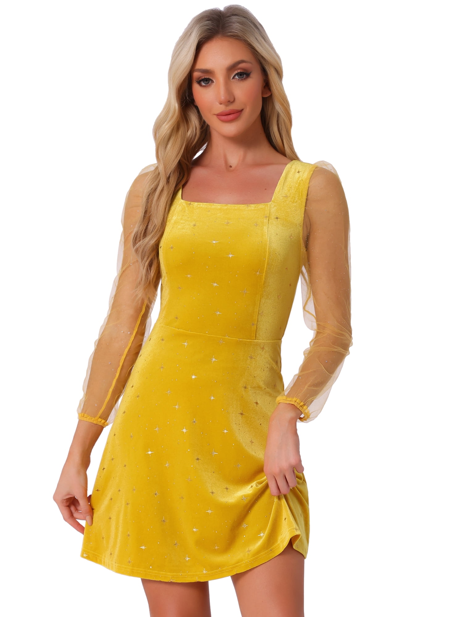 DARING DIVA Square Neck Mesh Sheer Sleeve Glitter Star Velvet Mini Dress XL  Yellow - Walmart.com