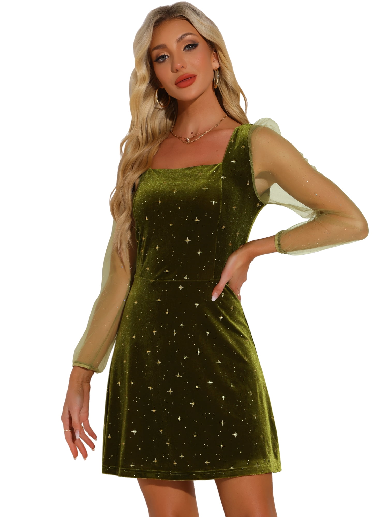 DARING DIVA Square Neck Mesh Sheer Sleeve Glitter Star Velvet Mini Dress XS Olive  Green - Walmart.com