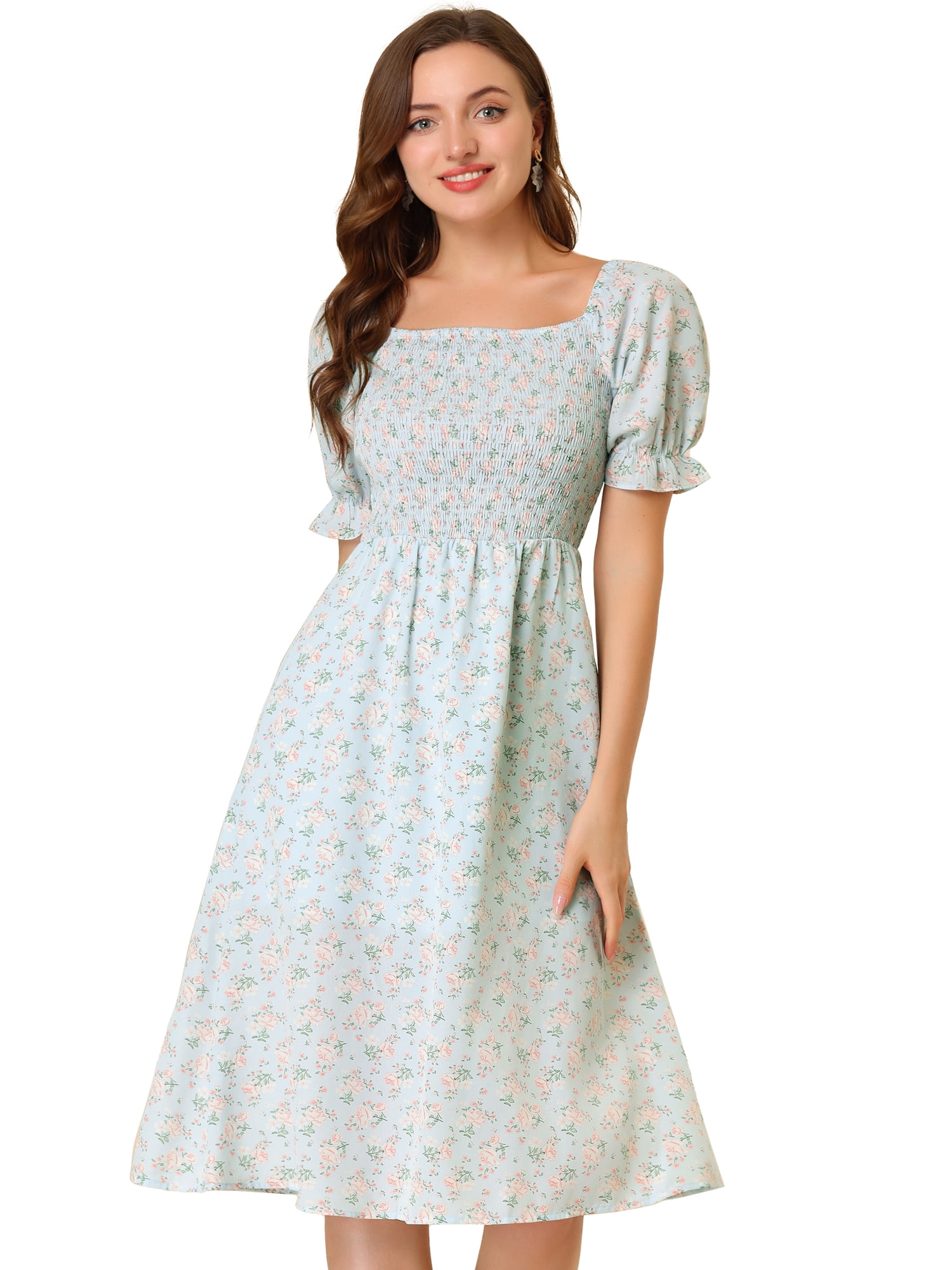 DARING DIVA Square Neck Puff Sleeves Smocked Waist Midi Floral Dres 2XL Blue