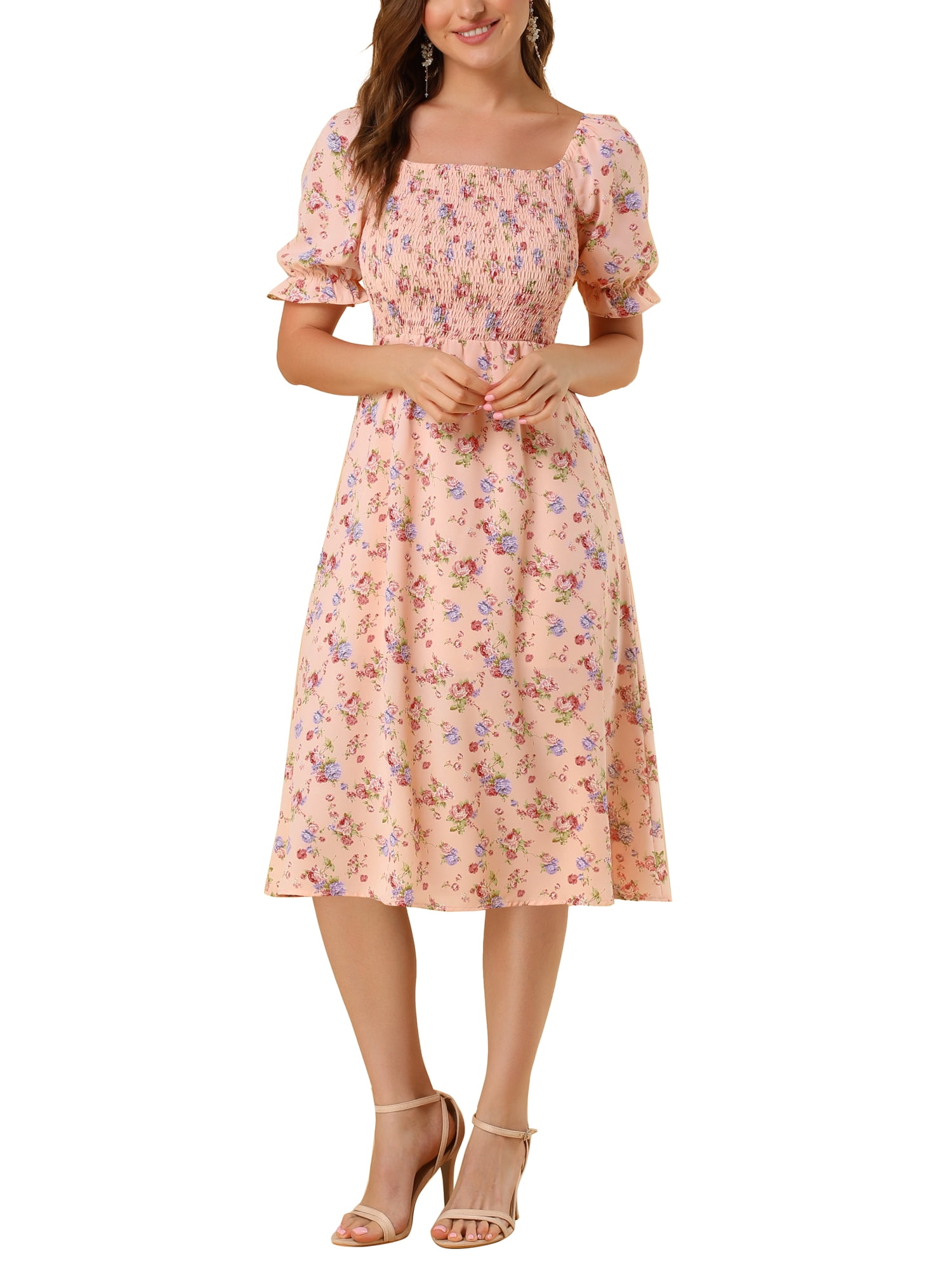 DARING DIVA Square Neck Puff Sleeves Smocked Waist Midi Floral Dres L Pink