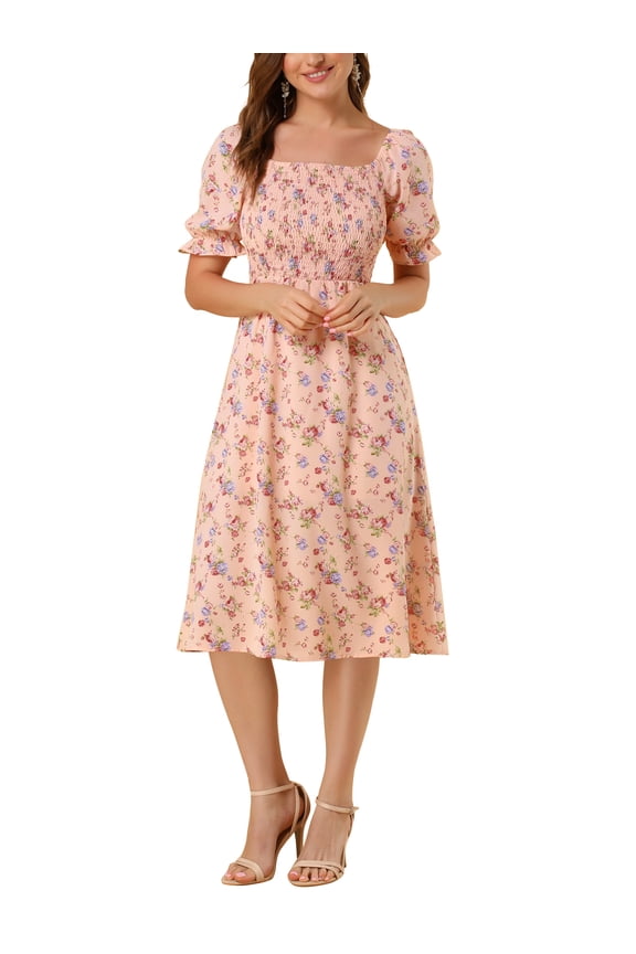 Square Neck Puff Sleeves Smocked Waist Midi Floral Dres L Pink