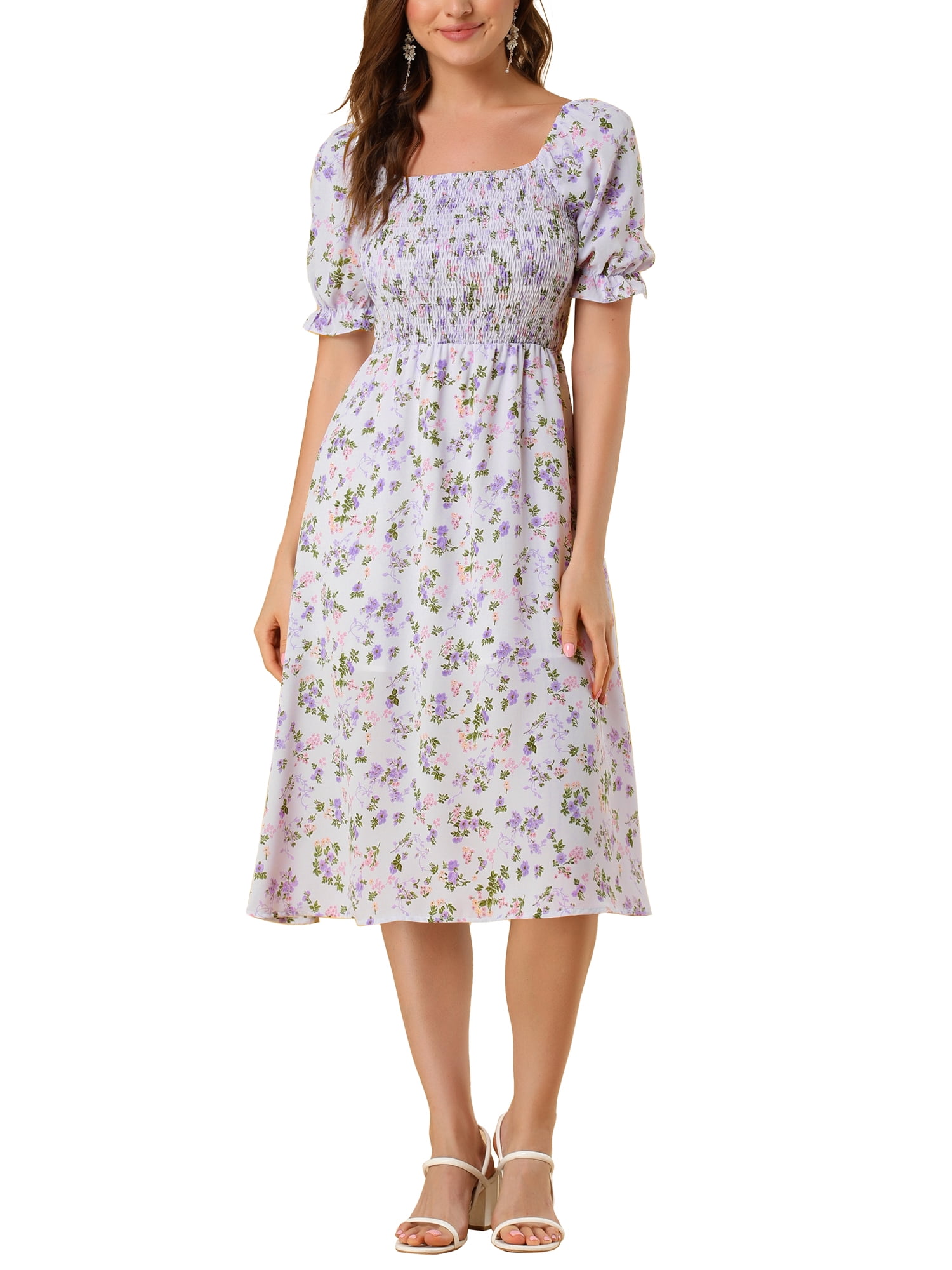 DARING DIVA Square Neck Puff Sleeves Smocked Waist Midi Floral Dres L Purple