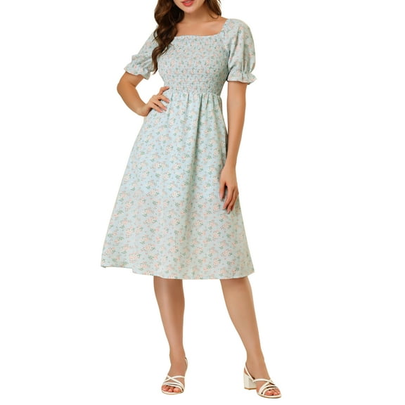 DARING DIVA Square Neck Puff Sleeves Smocked Waist Midi Floral Dres M Blue