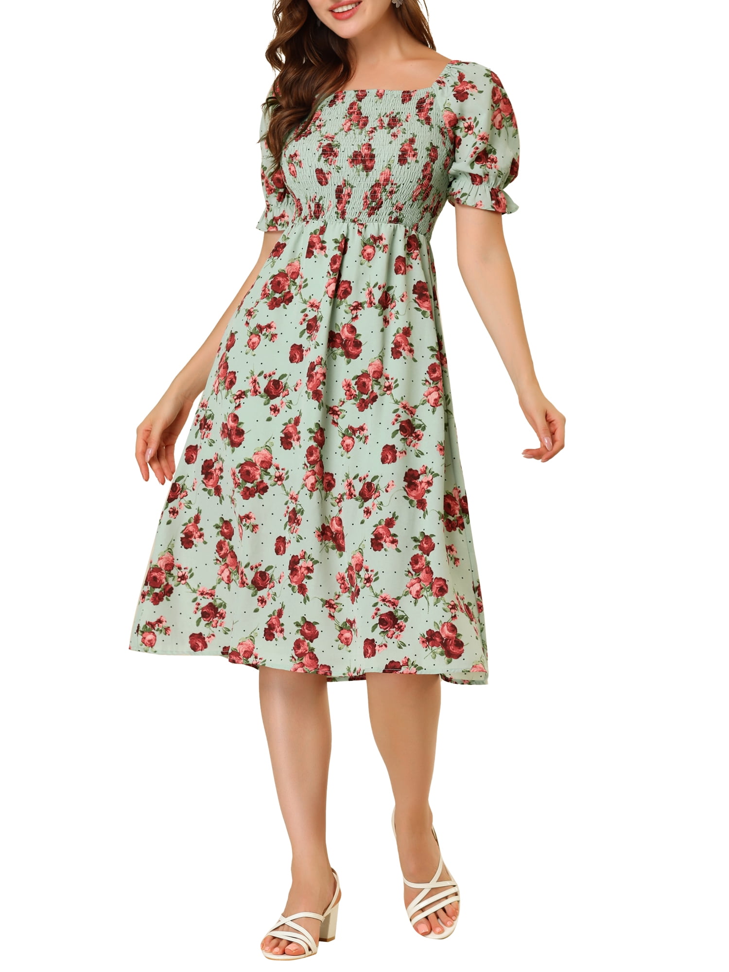 DARING DIVA Square Neck Puff Sleeves Smocked Waist Midi Floral Dres S Green