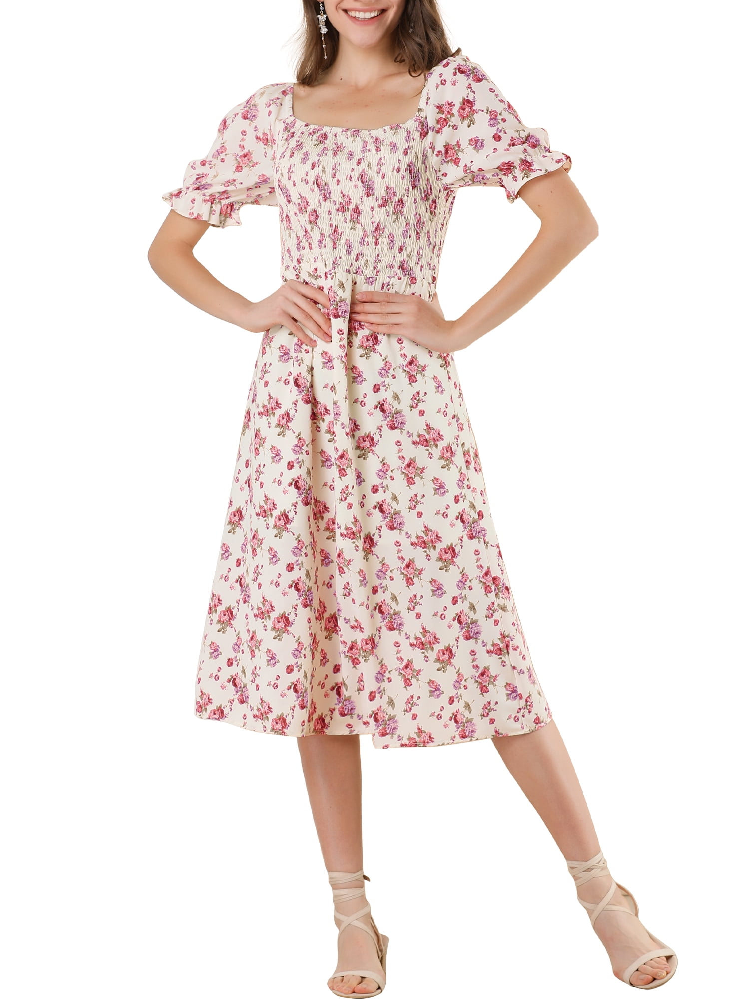 DARING DIVA Square Neck Puff Sleeves Smocked Waist Midi Floral Dres XL Beige