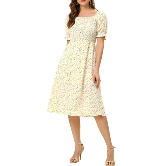 DARING DIVA Square Neck Puff Sleeves Smocked Waist Midi Floral Dres XL Orange