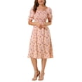 thumbnail image 1 of DARING DIVA Square Neck Puff Sleeves Smocked Waist Midi Floral Dres XL Pink, 1 of 6