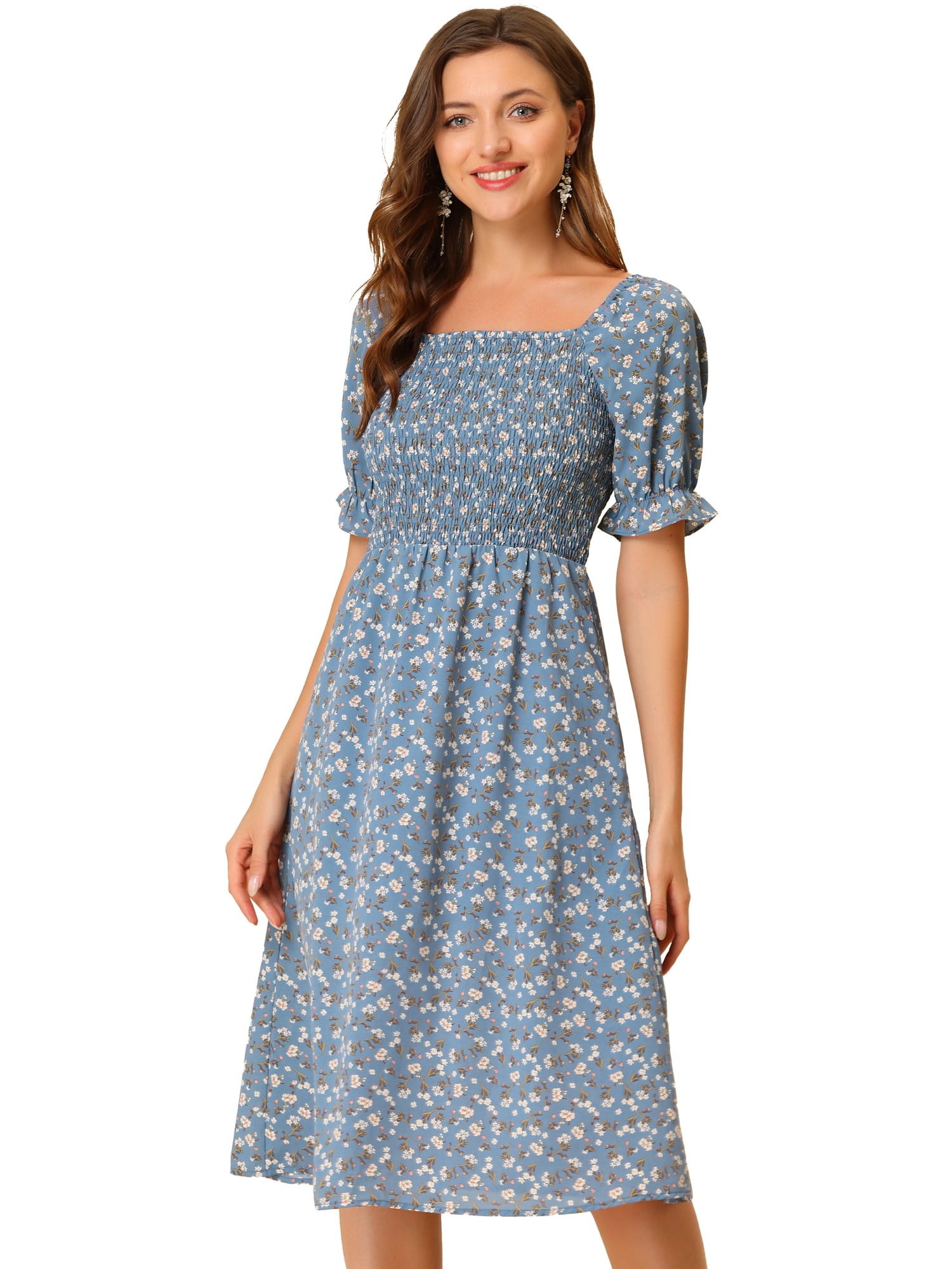 DARING DIVA Square Neck Puff Sleeves Smocked Waist Midi Floral Dres XS Dusty Blue