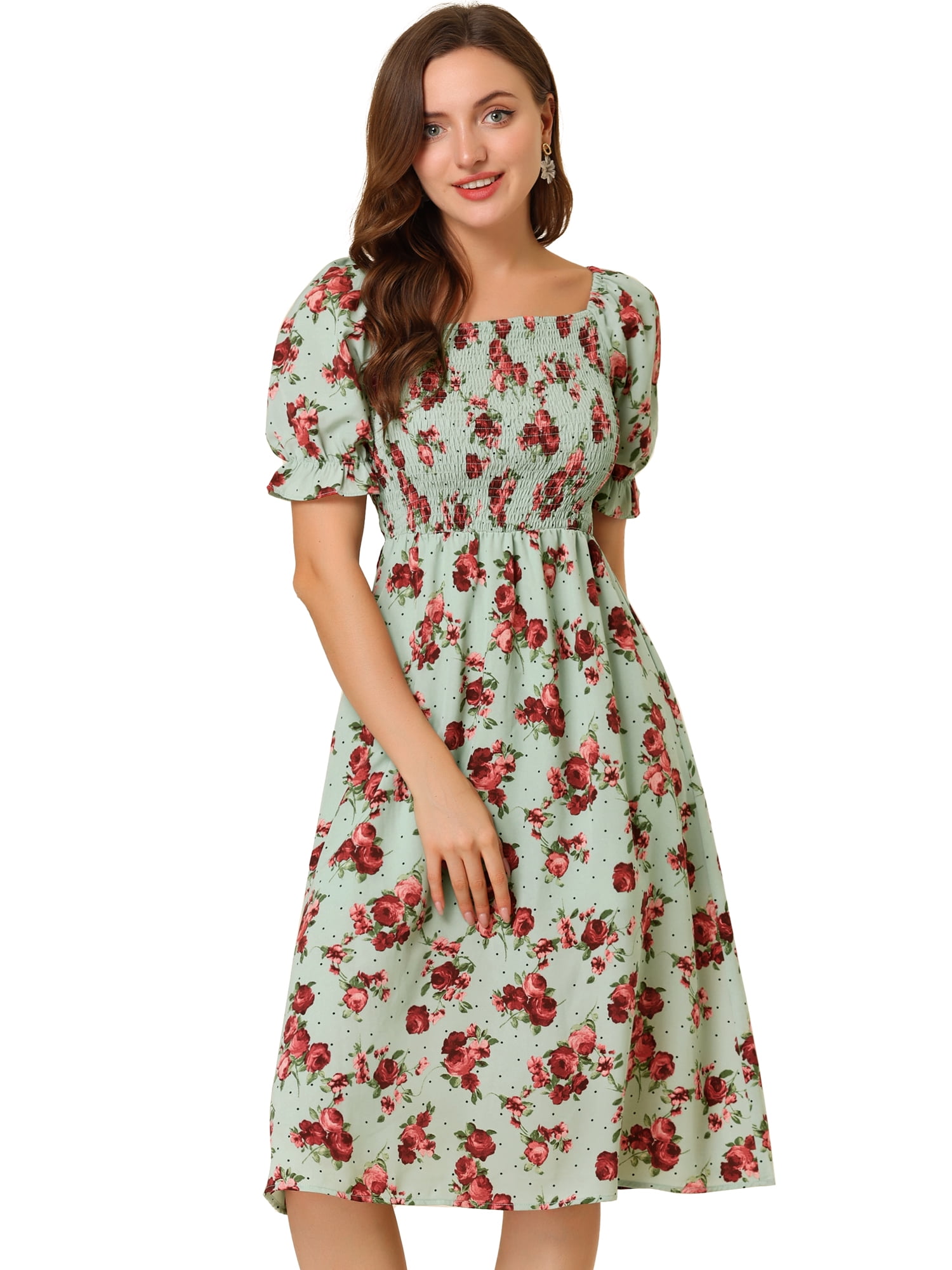 DARING DIVA Square Neck Puff Sleeves Smocked Waist Midi Floral Dres XS Green