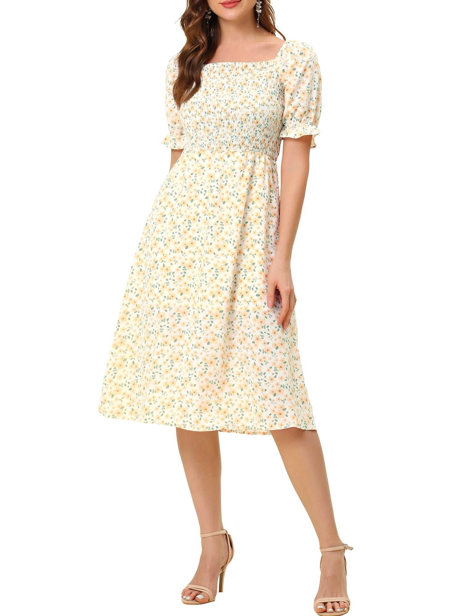 DARING DIVA Square Neck Puff Sleeves Smocked Waist Midi Floral Dres XS Orange