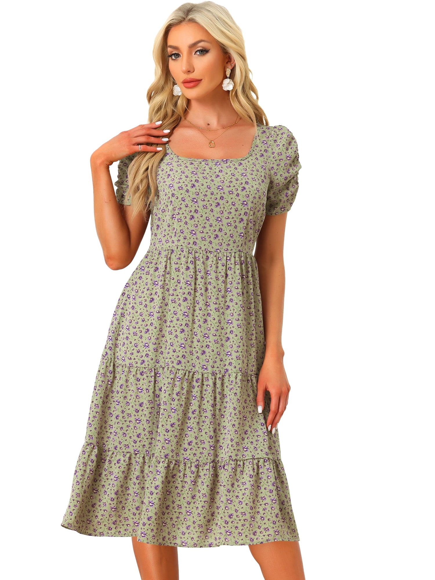 DARING DIVA Square Neck Puff Tiered Ruffled Hem Dress L Green Purple