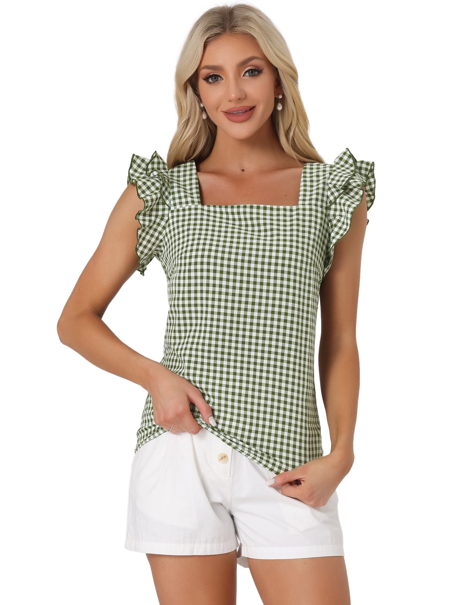 DARING DIVA Square Neck Ruffle Sleeve Blouse L Dark Green