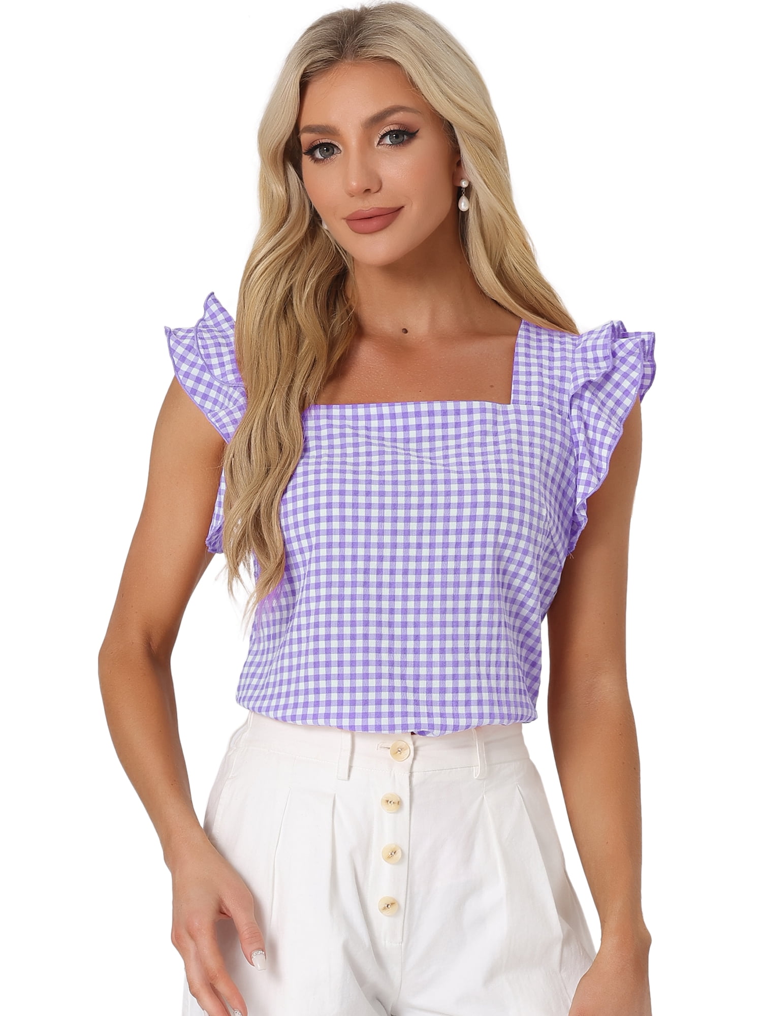 DARING DIVA Square Neck Ruffle Sleeve Blouse L Purple