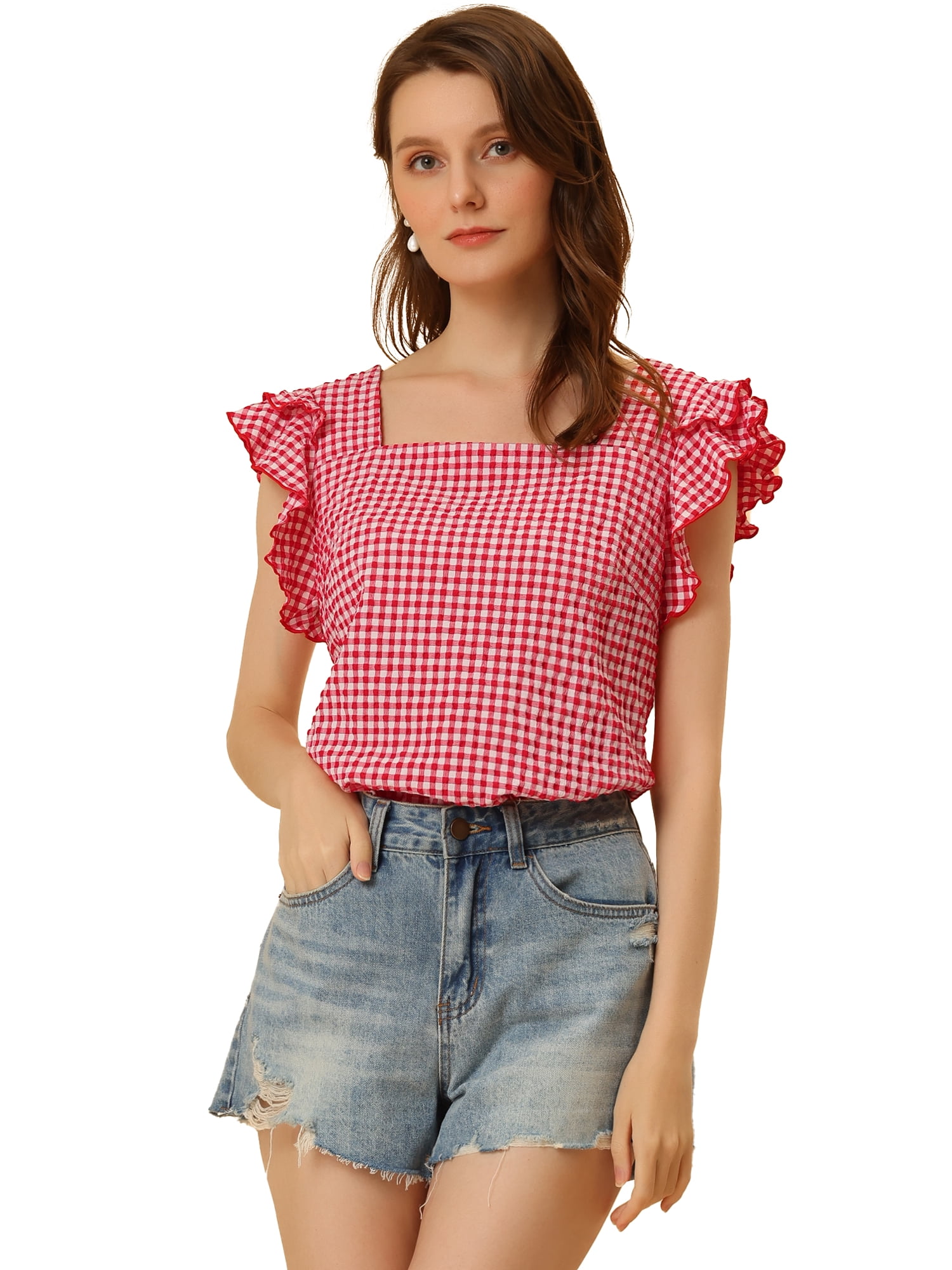 DARING DIVA Square Neck Ruffle Sleeve Blouse L Red