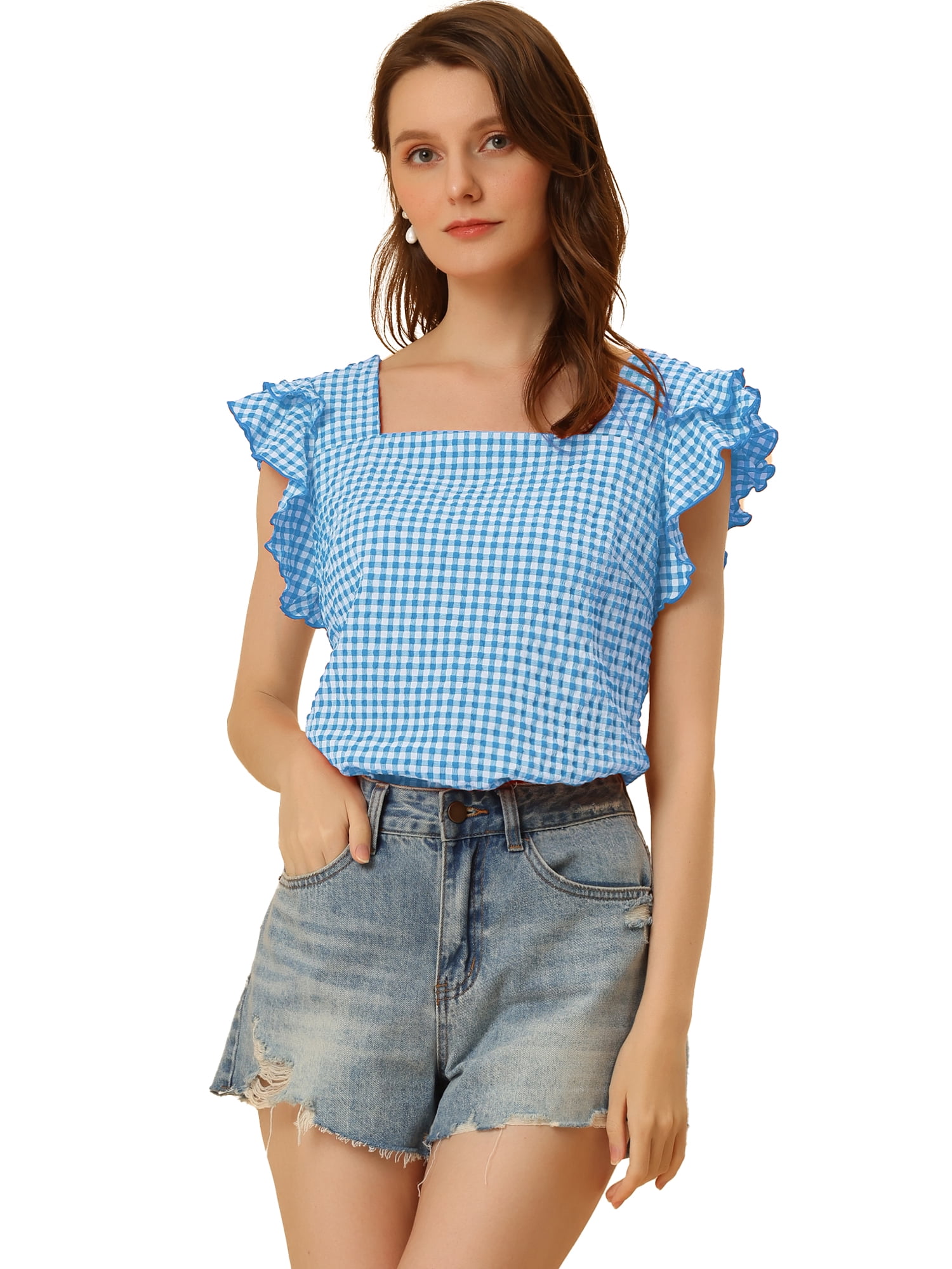 DARING DIVA Square Neck Ruffle Sleeve Blouse M Blue