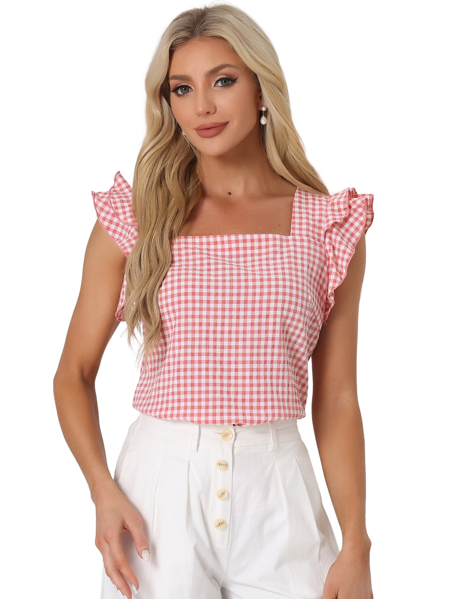 DARING DIVA Square Neck Ruffle Sleeve Blouse M Pink