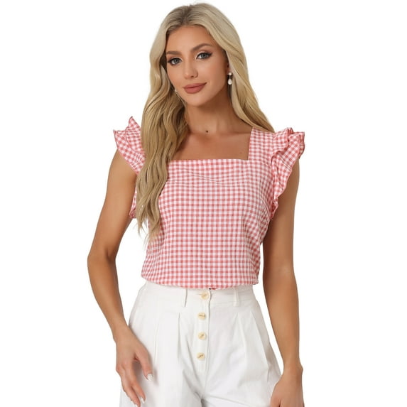 DARING DIVA Square Neck Ruffle Sleeve Blouse S Pink