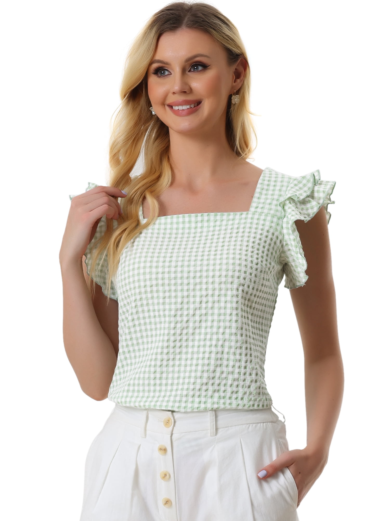 DARING DIVA Square Neck Ruffle Sleeve Blouse XL Green