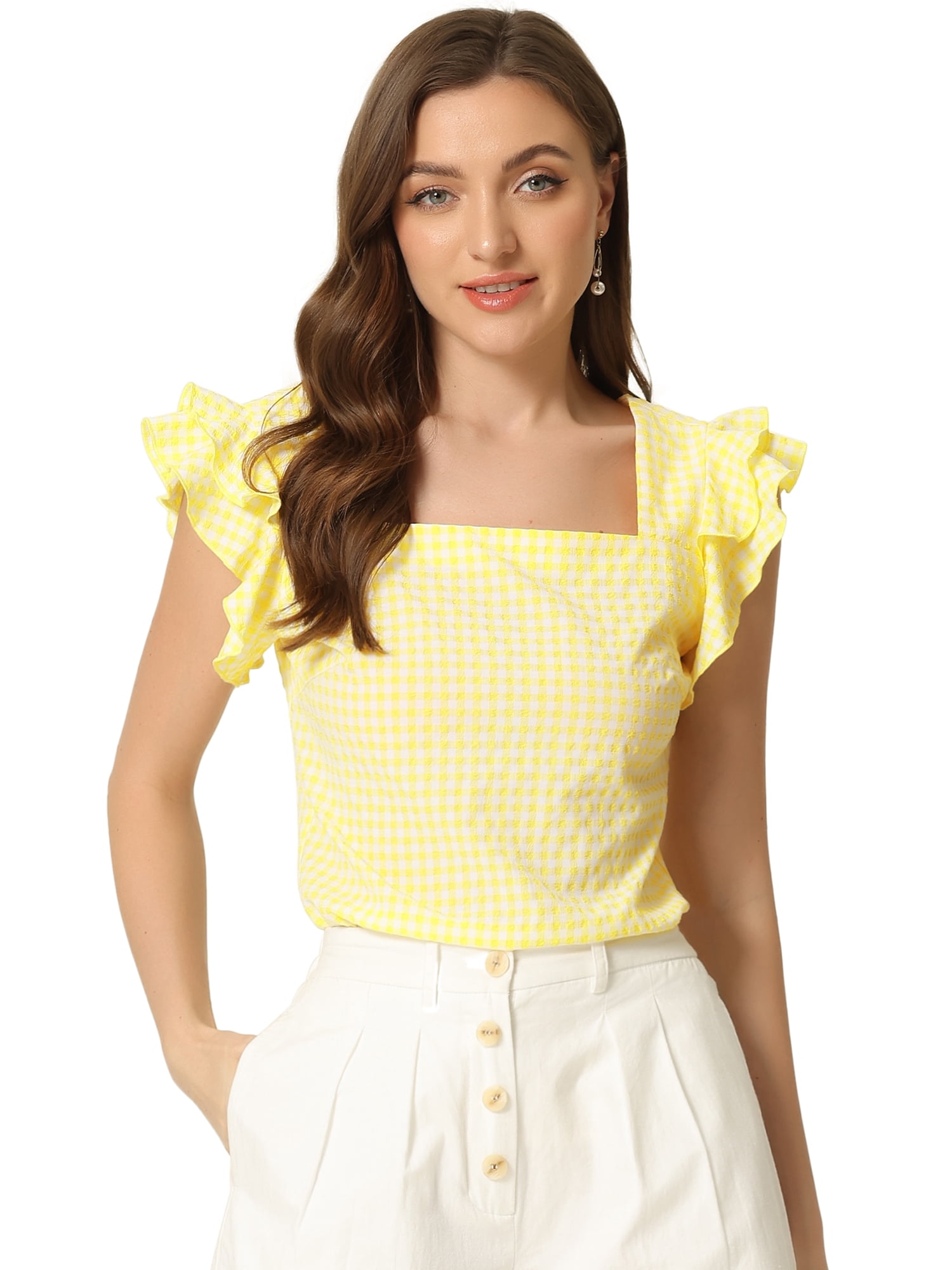 DARING DIVA Square Neck Ruffle Sleeve Blouse XL Yellow