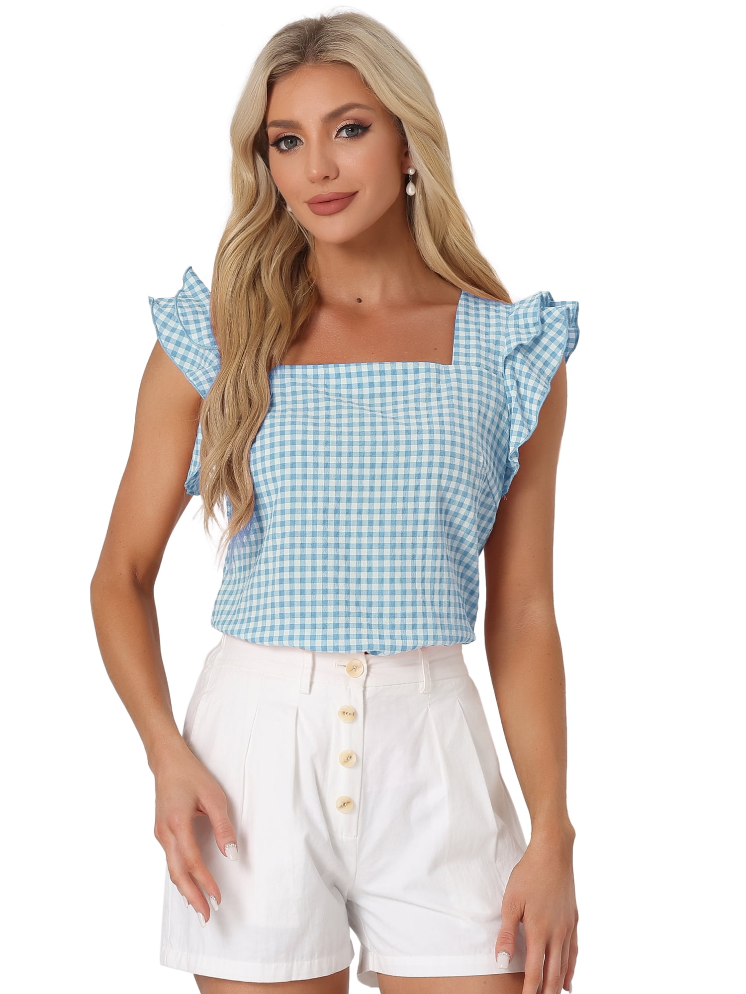 DARING DIVA Square Neck Ruffle Sleeve Blouse XS Lake Blue