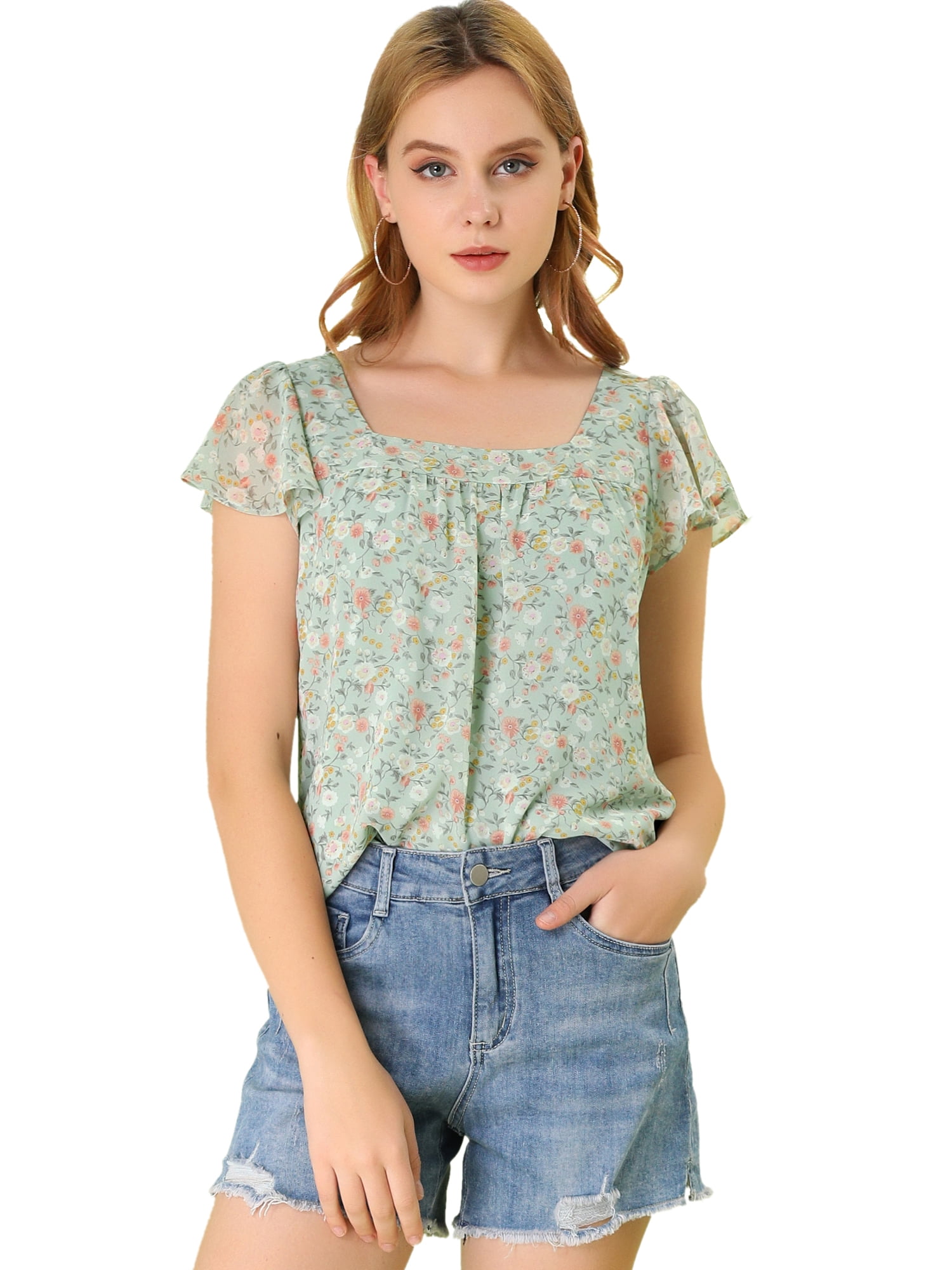 DARING DIVA Square Neck Ruffle Sleeve Chiffon Blouses 2XL Green