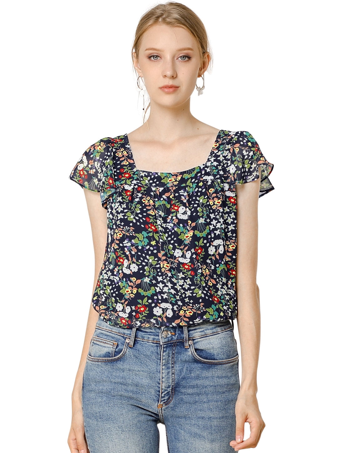 DARING DIVA Square Neck Ruffle Sleeve Chiffon Blouses 2XL Navy Blue