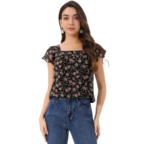 DARING DIVA Square Neck Ruffle Sleeve Chiffon Blouses S Rose Pink Black