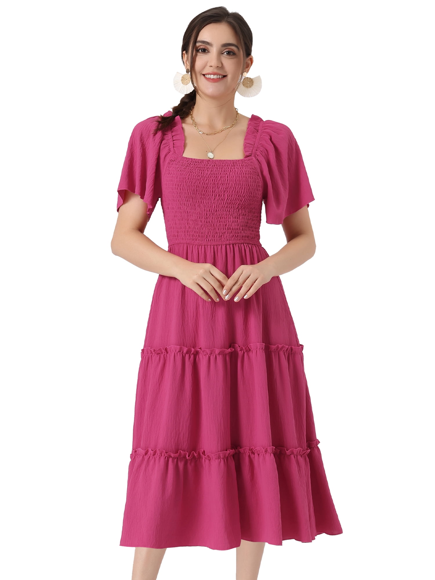 DARING DIVA Square Neck Short Sleeve Flowy Smocked Dress XL Hot Pink