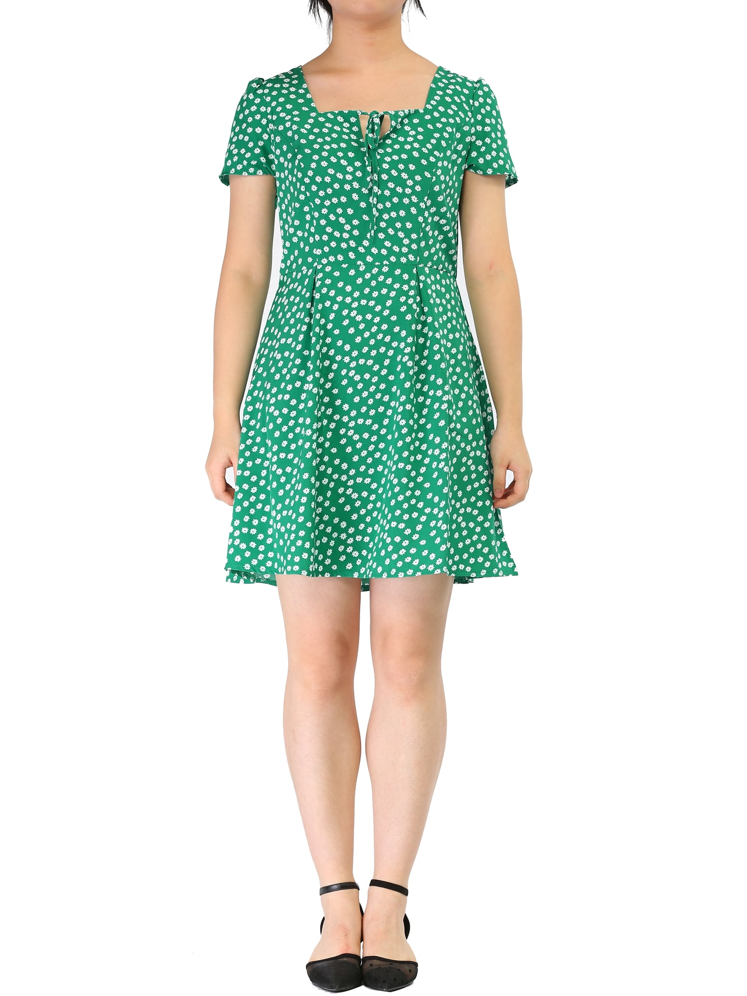 DARING DIVA Square Neck Short Sleeve Print A-Line Dress L Green-Floral