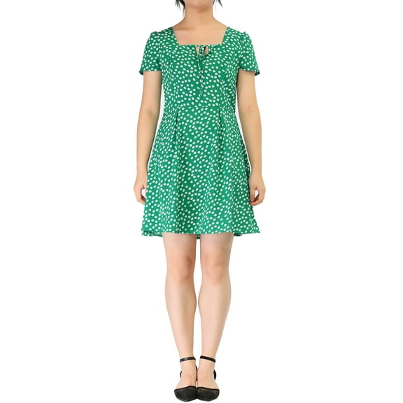 DARING DIVA Square Neck Short Sleeve Print A-Line Dress L Green-Floral
