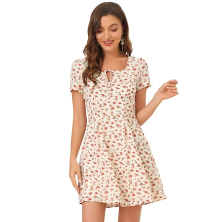 DARING DIVA Square Neck Short Sleeve Print A-Line Dress L White-Floral